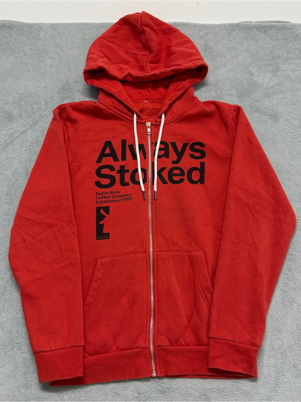 Dutch Bros Hoodie Adult Large Red Fleece Zip Up Pocket Always Stoked Sweatshirt